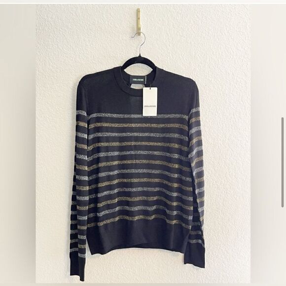 Zadig & Voltaire Sweater Miss Stripes black and gold metallic Sweater. NWT XS - Picture 4 of 11
